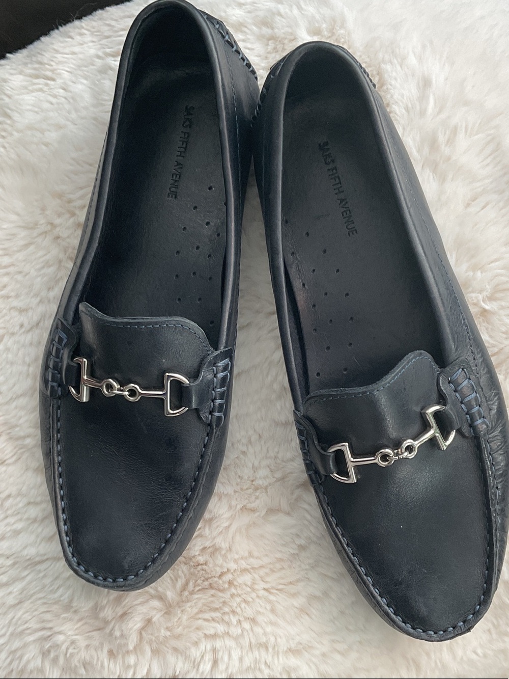 Saks Fifth Avenue Navy Leather Loafers with Silver Horsebit Buckle